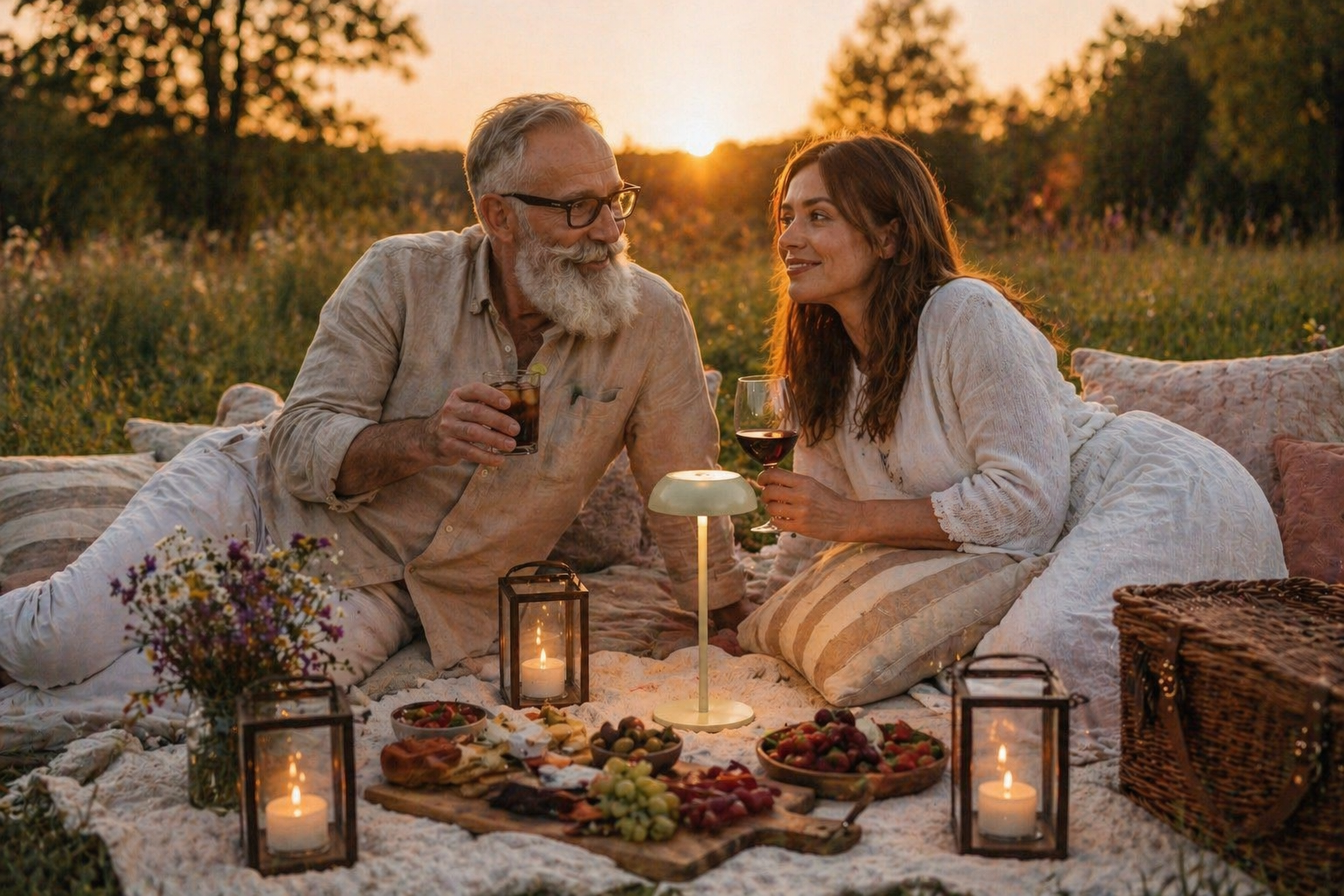 Pique-nique romantique en plein air avec un éclairage d’ambiance